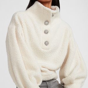 Express Cream Jewel Embellished Button Sherpa Sweatshirt XS